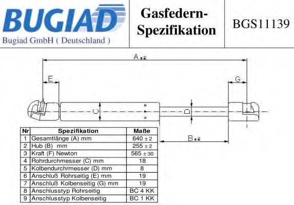 BUGIAD BGS11139 Газова пружина, кришка багажника