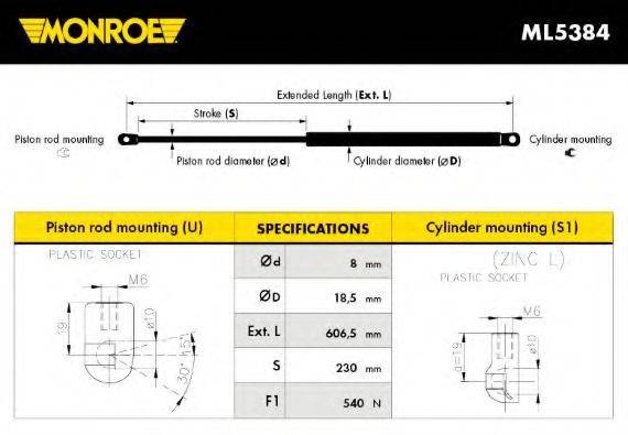 MONROE ML5384 Газова пружина, кришка багажника